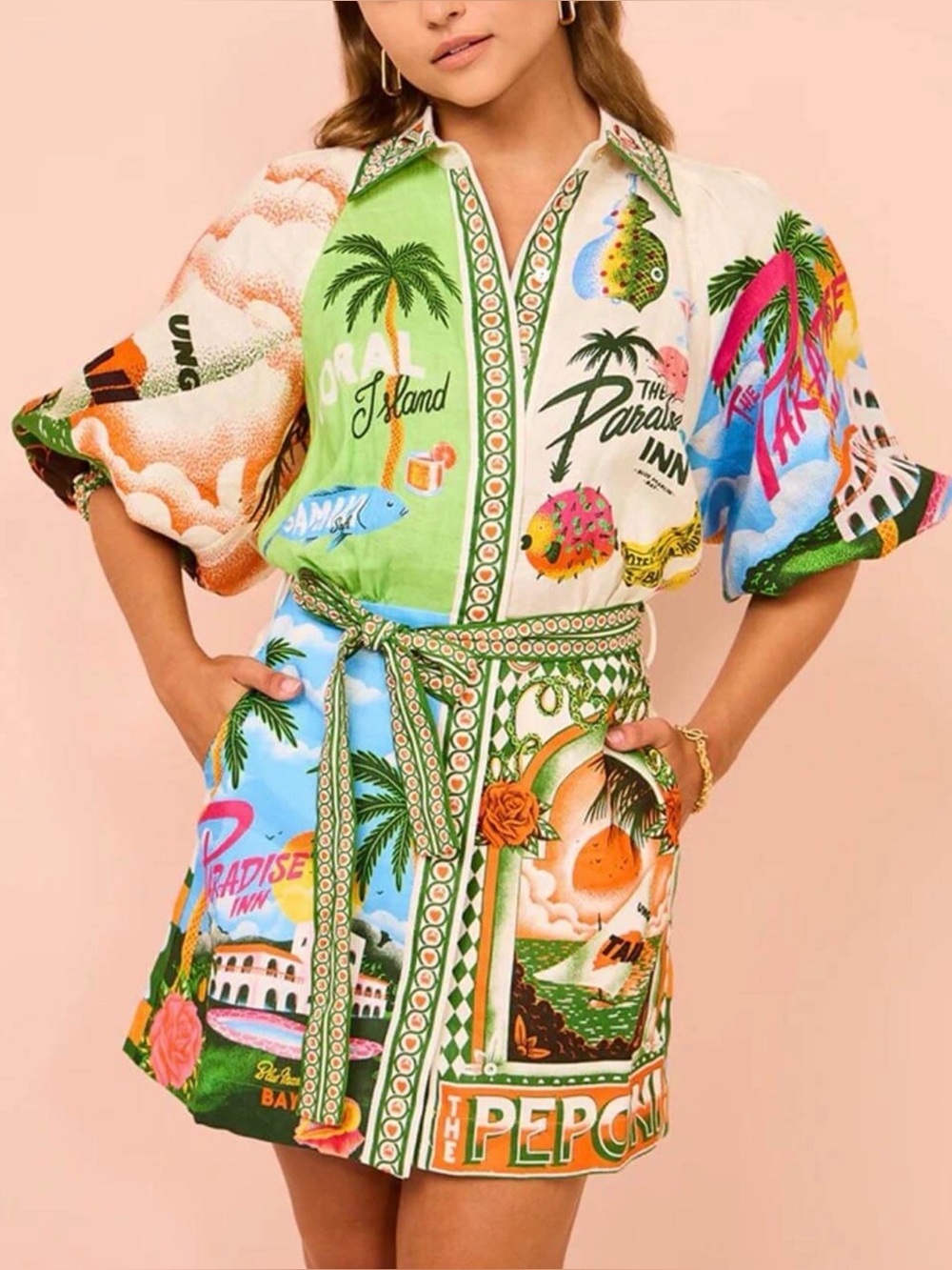 Tropical Graphic Shirt Dress in Green & Blue (Missing Belt)